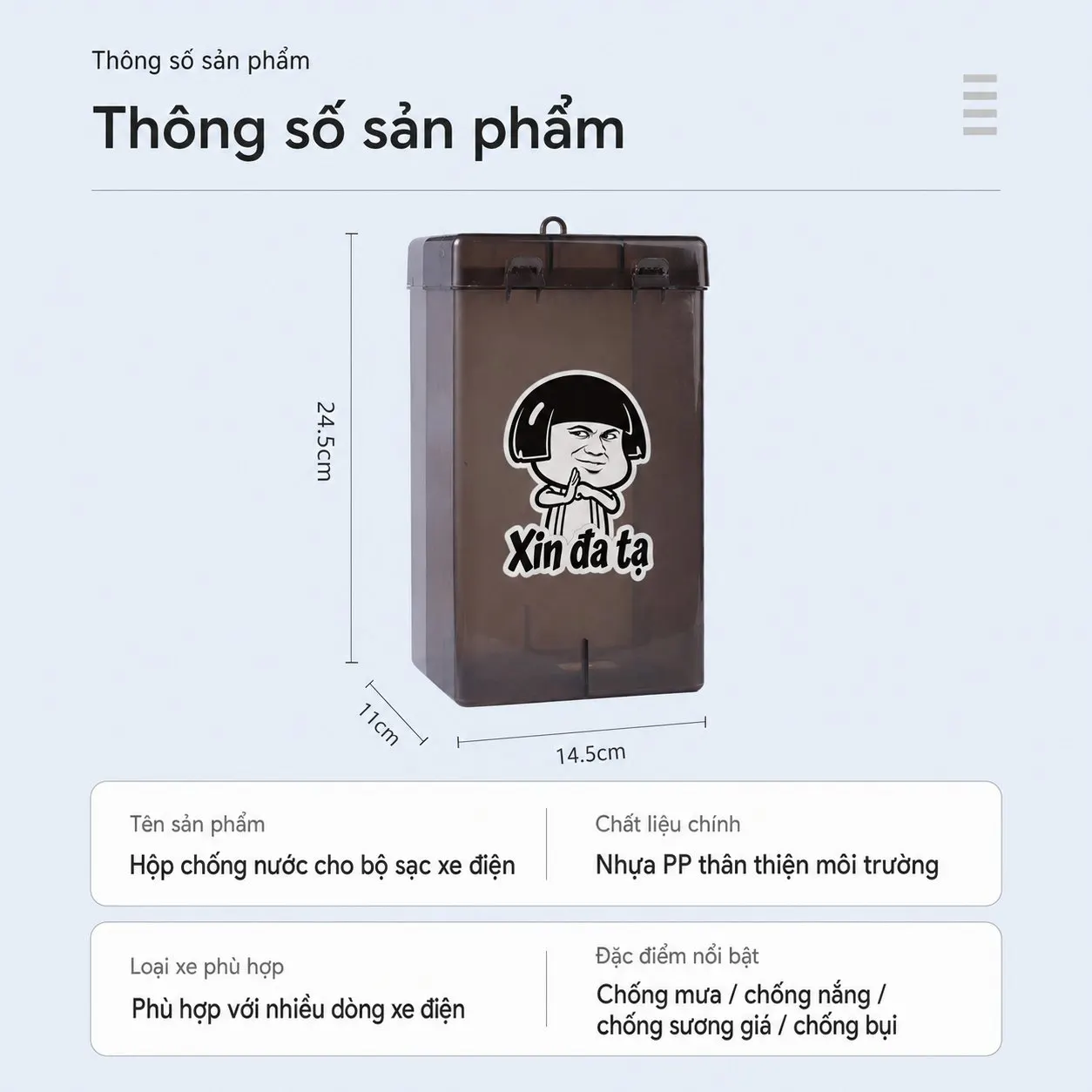 Hộp chống mưa bộ sạc xe điện 24,5 × 14,5 × 11 cm, nhựa PP, móc treo và đáy tản nhiệt
