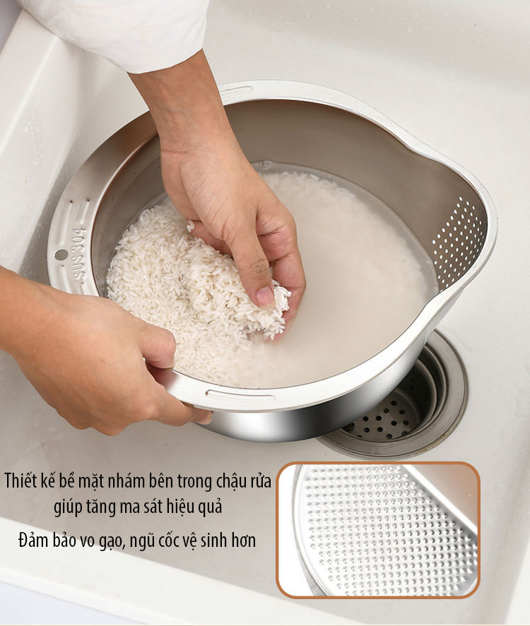 Chậu vo gạo inox 304 Regoo RG1634 đáy nghiêng thoát nước, dùng vo gạo rửa rau và chắt nước gọn hơn