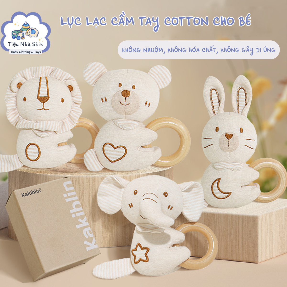 Lục lạc cầm tay Regoo cotton hữu cơ RG2049, vòng gỗ gặm nướu, xúc xắc chuông cho bé 0-3 tuổi