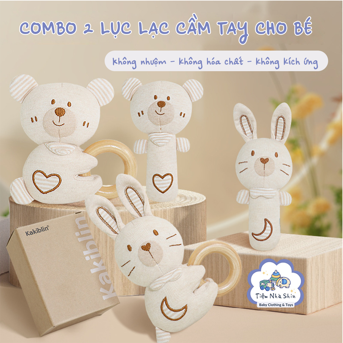 [Quà Sơ Sinh] Lục lạc sơ sinh Regoo bộ 2 món RG2049, vải sợi tre và gỗ rắn hữu cơ an toàn cho bé - Xúc xắc gặm nướu thú nhồi bông cho trẻ sơ sinh