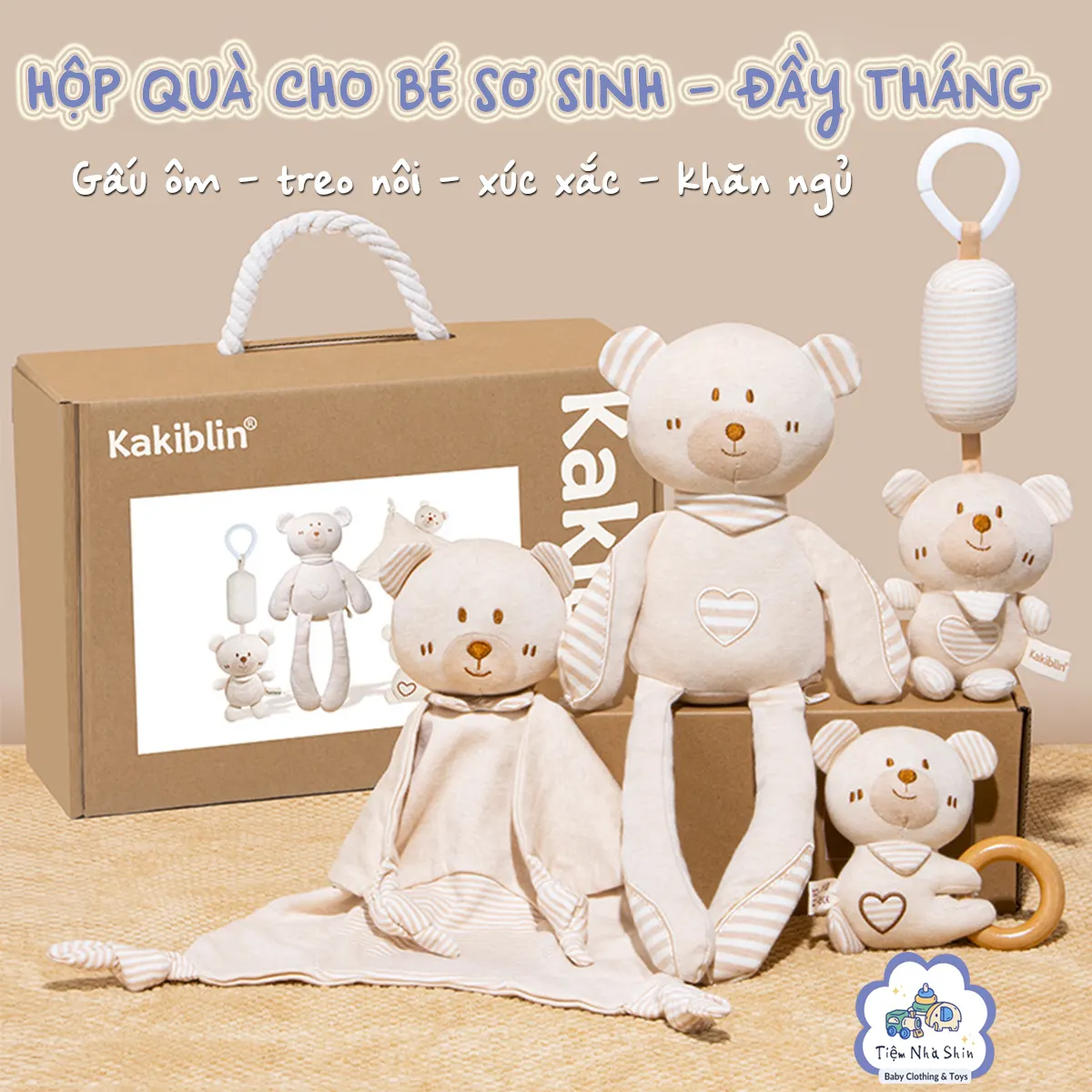 HỎA TỐC Bộ quà tặng sơ sinh 4 món gồm xúc xắc RG2049, treo nôi, gấu ôm lớn và gấu ngủ đa năng