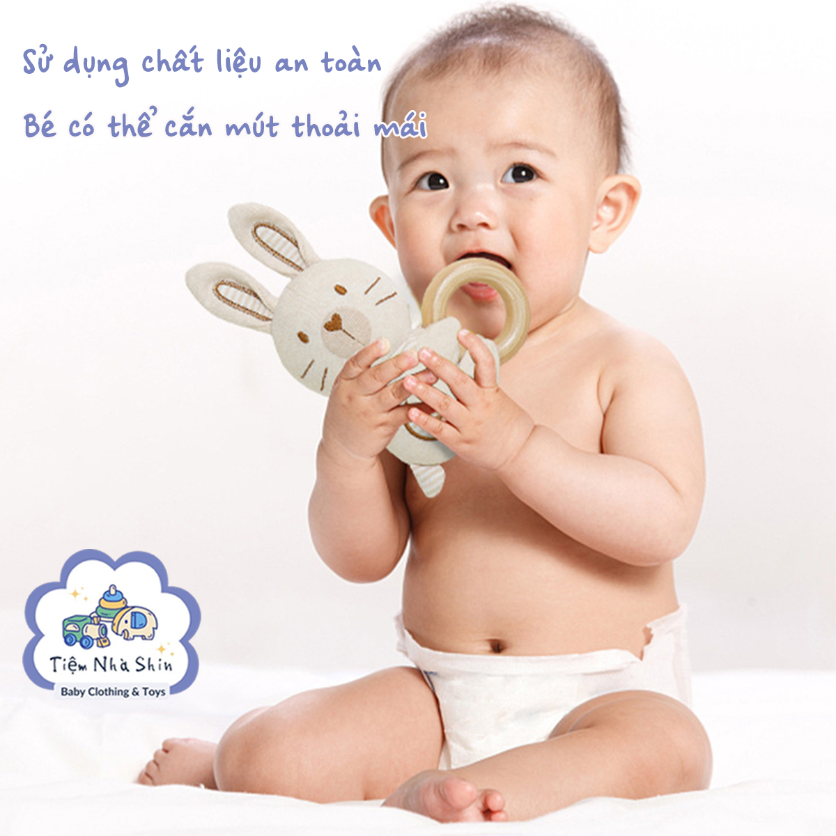 Lục lạc cầm tay Regoo cotton hữu cơ RG2049, vòng gỗ gặm nướu, xúc xắc chuông cho bé 0-3 tuổi