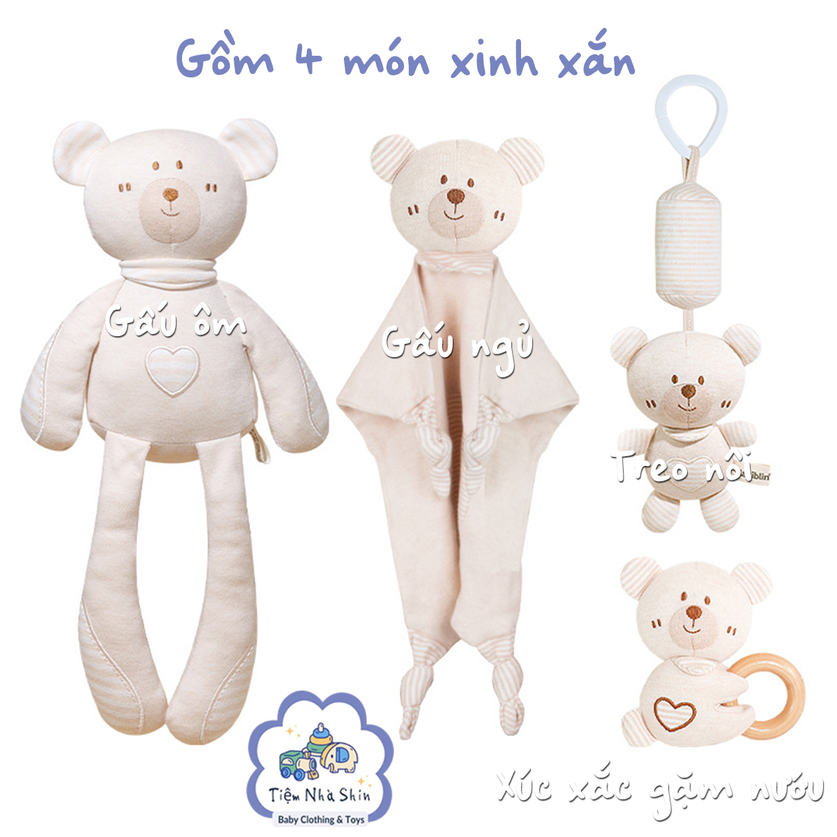 HỎA TỐC Bộ quà tặng sơ sinh 4 món gồm xúc xắc RG2049, treo nôi, gấu ôm lớn và gấu ngủ đa năng