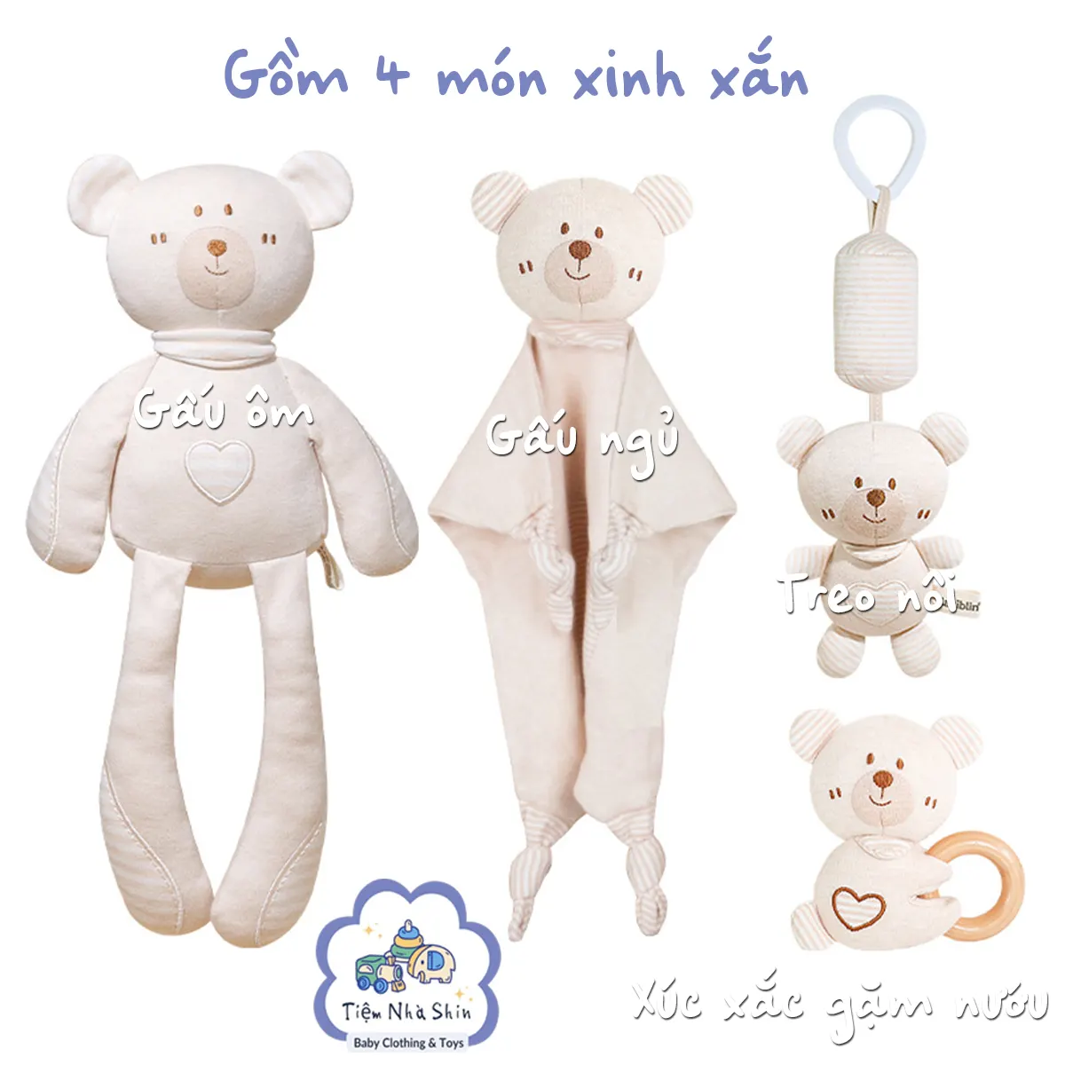 HỎA TỐC Bộ quà tặng sơ sinh 4 món gồm xúc xắc RG2049, treo nôi, gấu ôm lớn và gấu ngủ đa năng