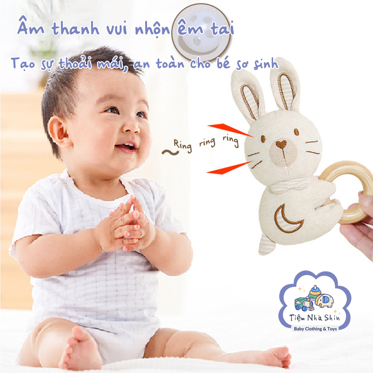 Lục lạc cầm tay Regoo cotton hữu cơ RG2049, vòng gỗ gặm nướu, xúc xắc chuông cho bé 0-3 tuổi