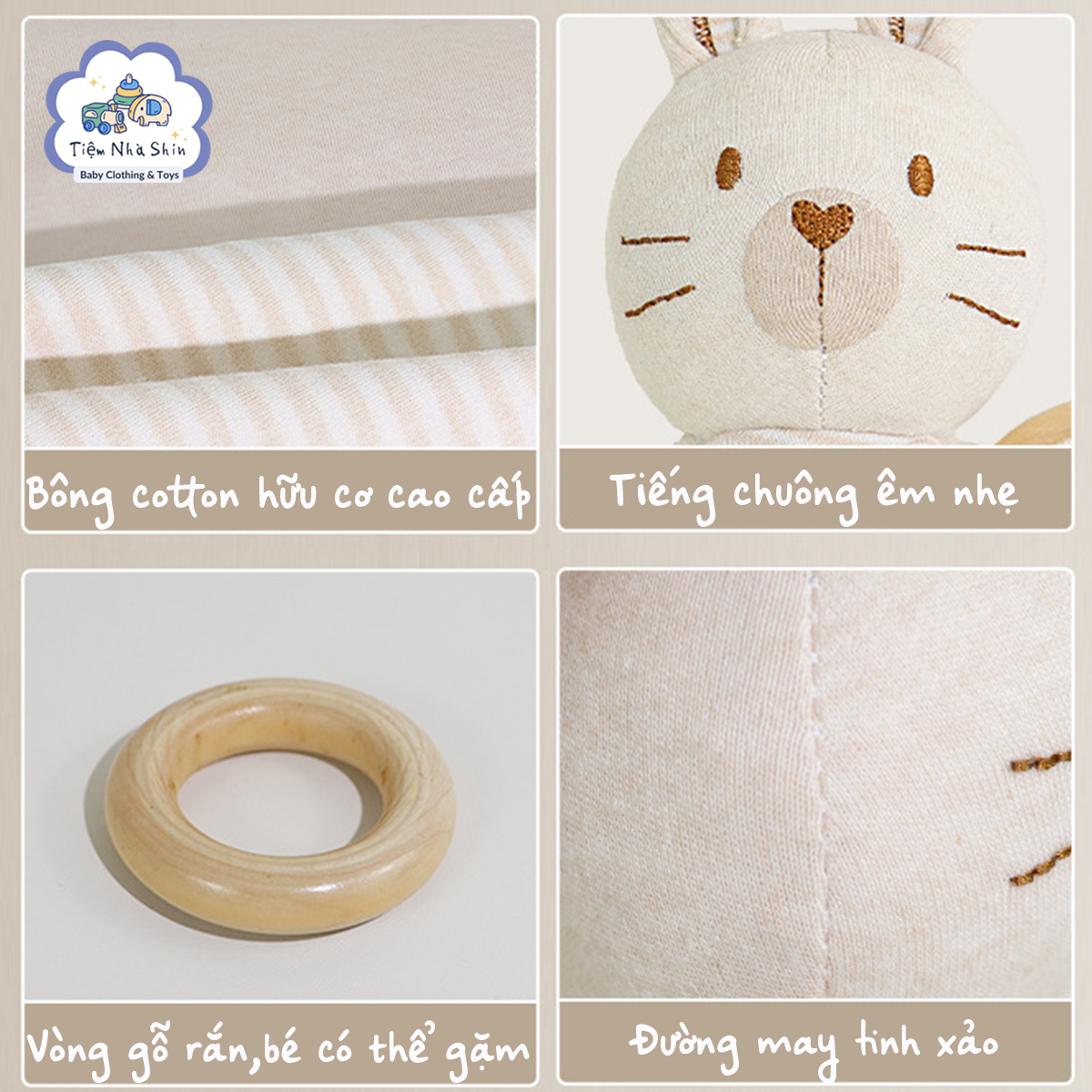 Lục lạc cầm tay Regoo cotton hữu cơ RG2049, vòng gỗ gặm nướu, xúc xắc chuông cho bé 0-3 tuổi