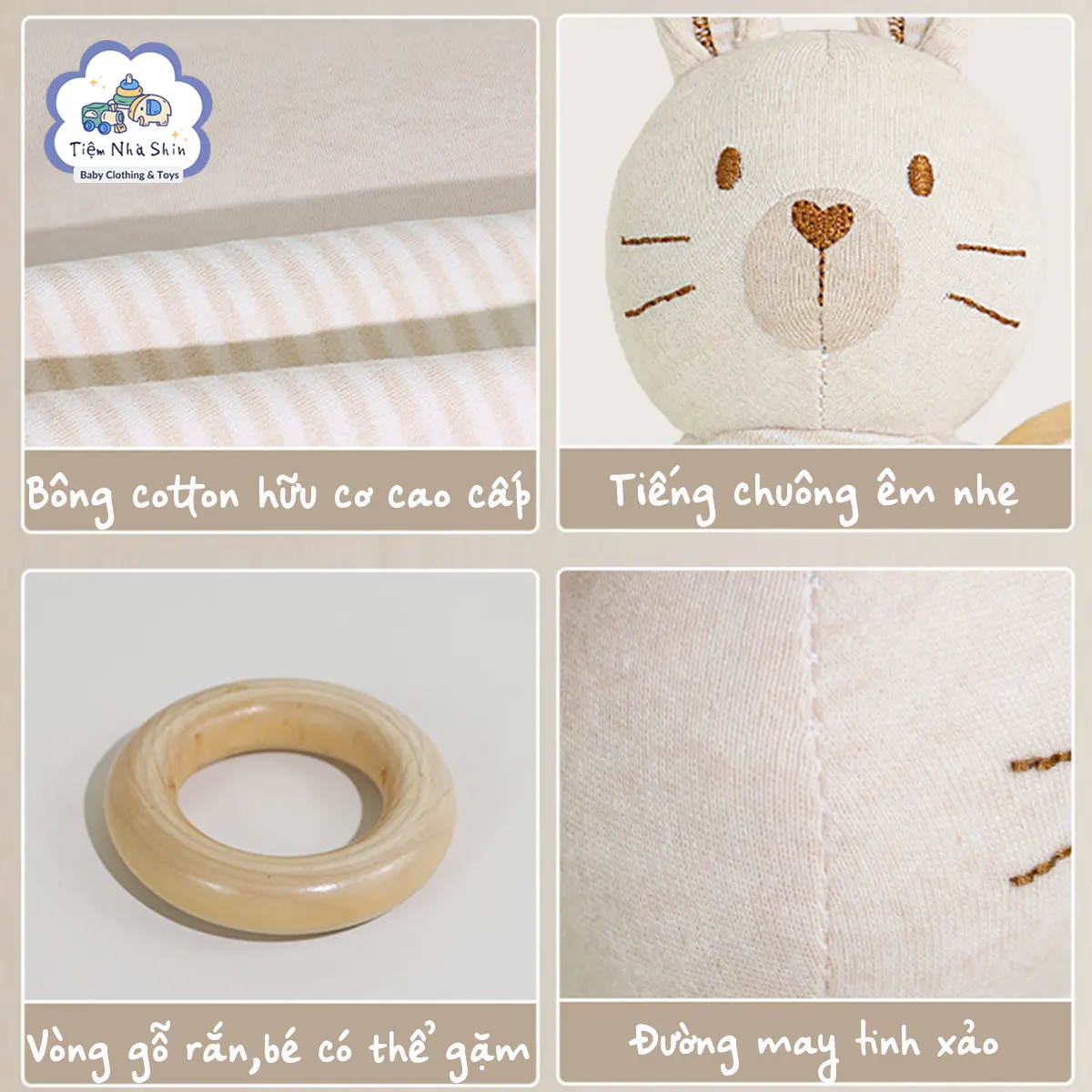 Lục lạc cầm tay Regoo cotton hữu cơ RG2049, vòng gỗ gặm nướu, xúc xắc chuông cho bé 0-3 tuổi