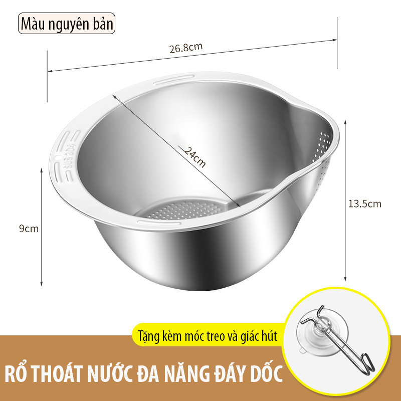 Chậu vo gạo inox 304 Regoo RG1634 đáy nghiêng thoát nước, dùng vo gạo rửa rau và chắt nước gọn hơn