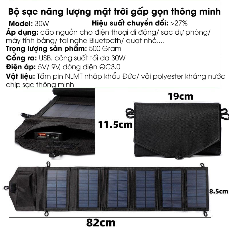 Tấm pin sạc năng lượng mặt trời gấp gọn thông minh, dùng ngoài trời để sạc thiết bị di động.