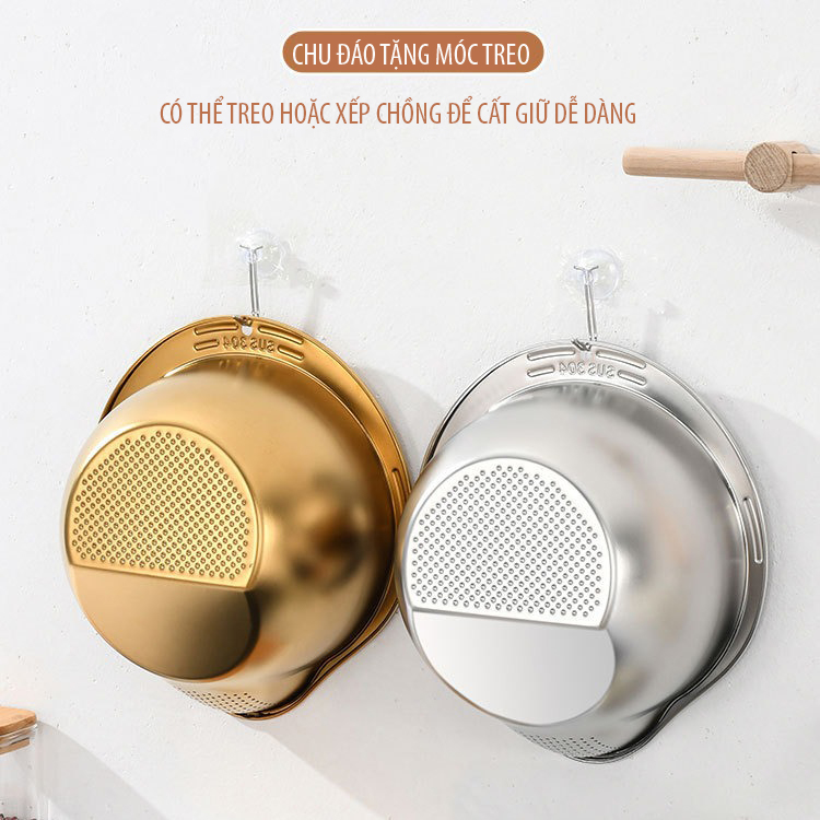 Chậu vo gạo inox 304 Regoo RG1634 đáy nghiêng thoát nước, dùng vo gạo rửa rau và chắt nước gọn hơn