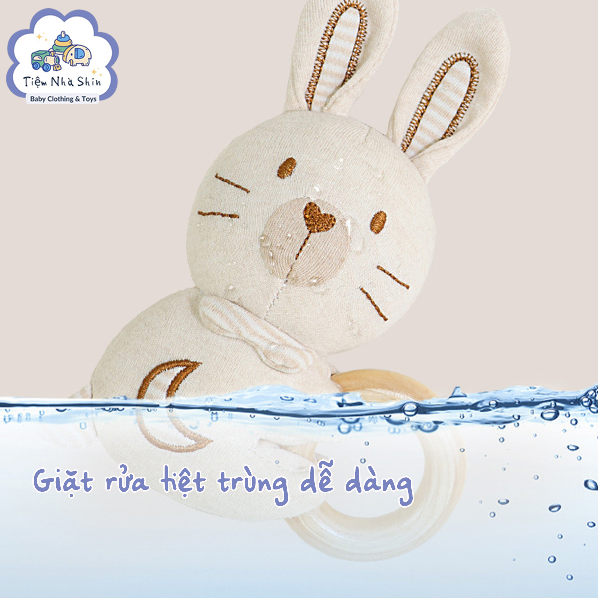 Lục lạc cầm tay Regoo cotton hữu cơ RG2049, vòng gỗ gặm nướu, xúc xắc chuông cho bé 0-3 tuổi