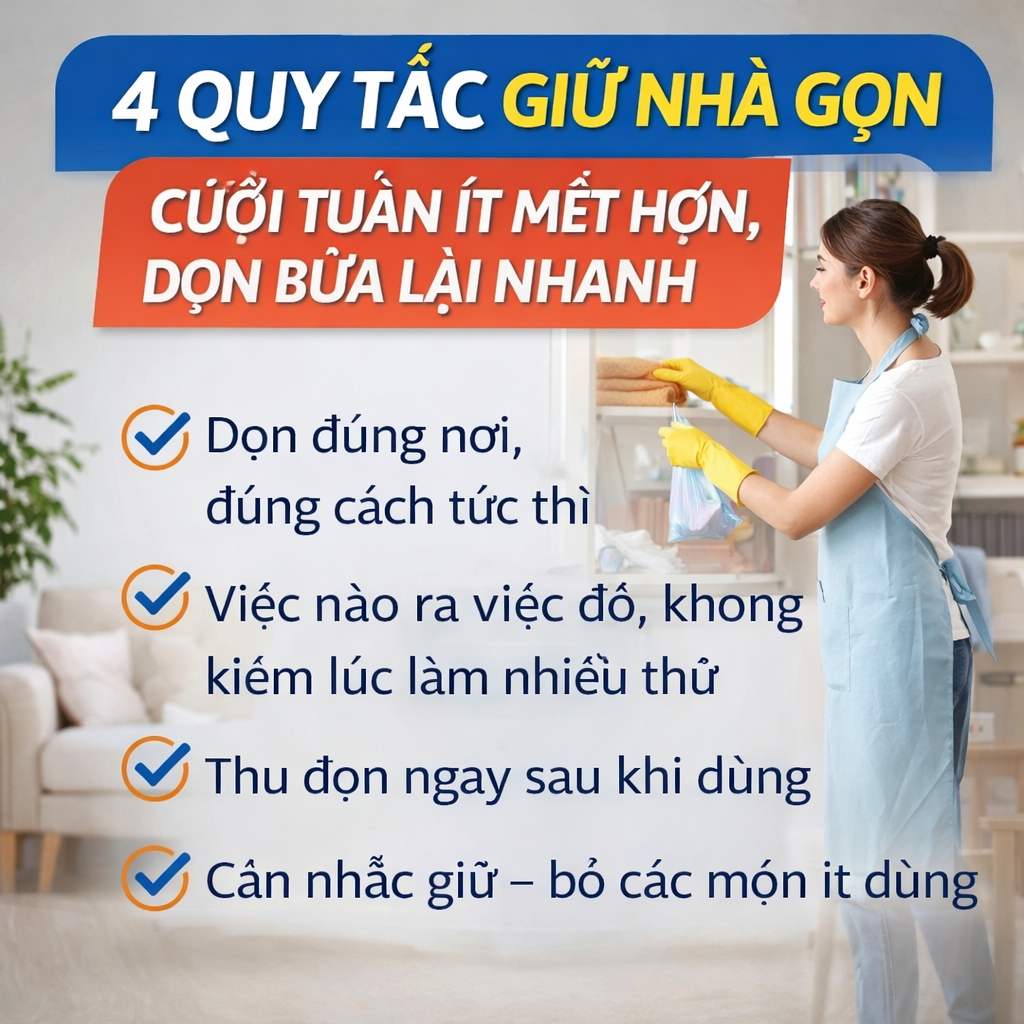 4 quy tắc giữ nhà gọn cuối tuần: làm ít hơn nhưng nhà vẫn vào nếp lâu hơn
