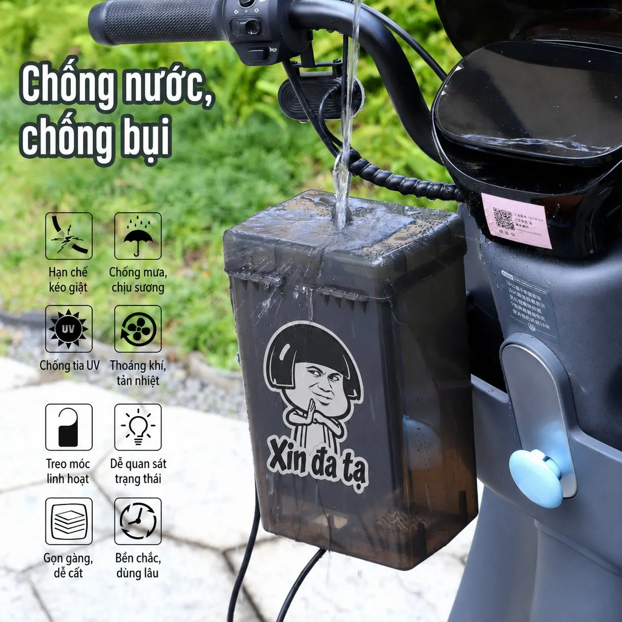 Hộp chống mưa bộ sạc xe điện 24,5 × 14,5 × 11 cm, nhựa PP, móc treo và đáy tản nhiệt