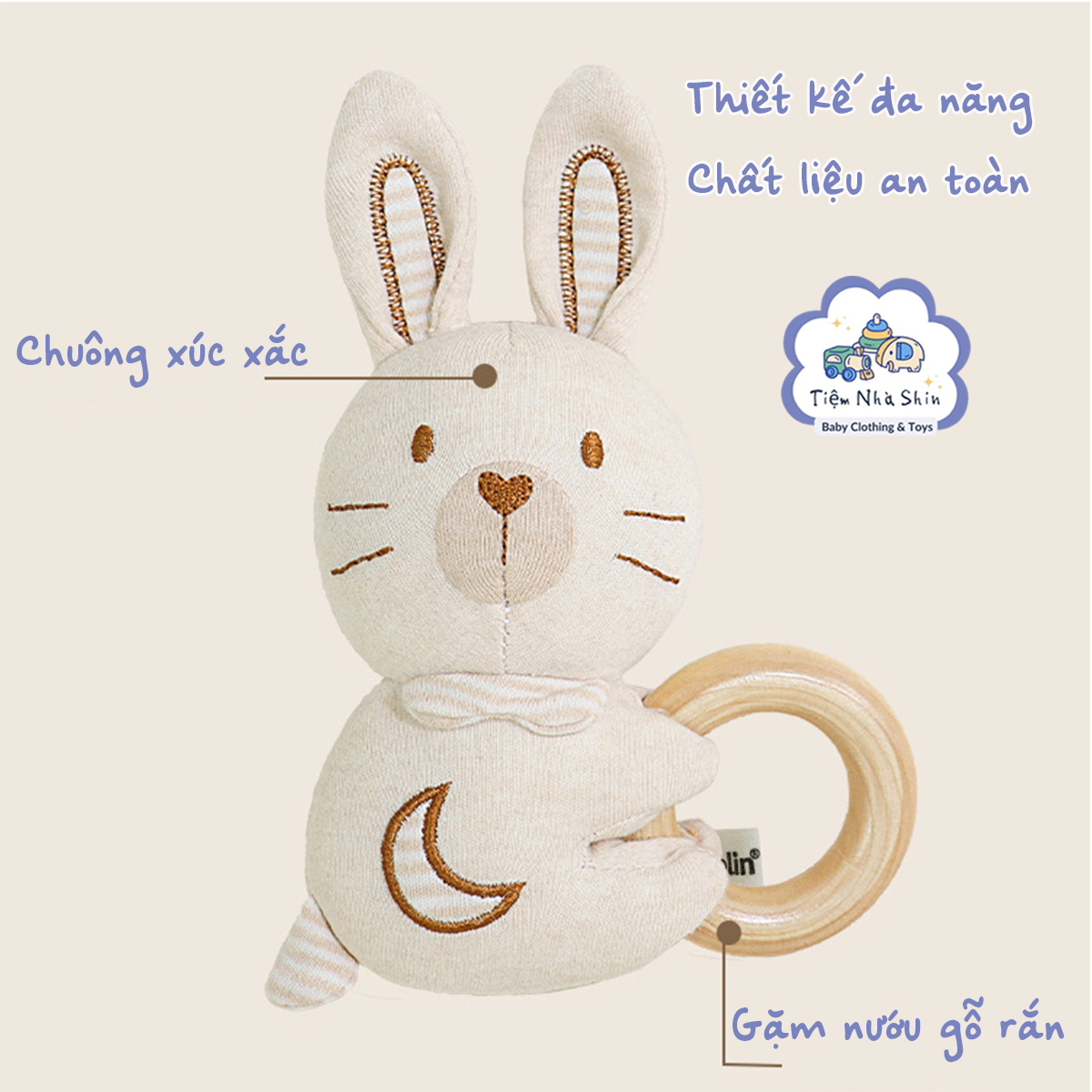 Lục lạc cầm tay Regoo cotton hữu cơ RG2049, vòng gỗ gặm nướu, xúc xắc chuông cho bé 0-3 tuổi