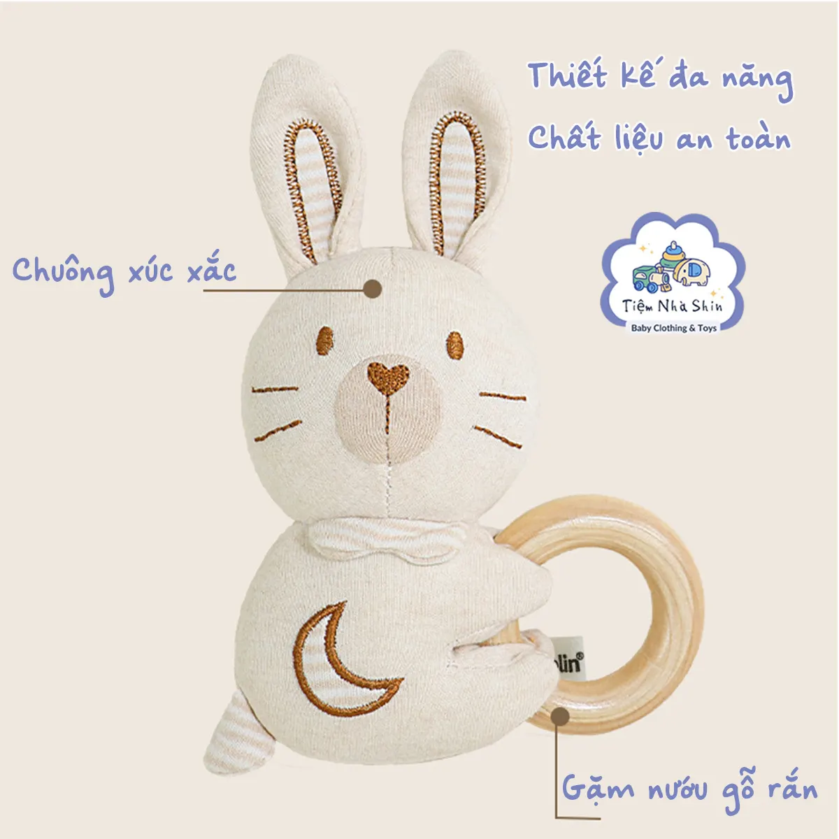 Lục lạc cầm tay Regoo cotton hữu cơ RG2049, vòng gỗ gặm nướu, xúc xắc chuông cho bé 0-3 tuổi