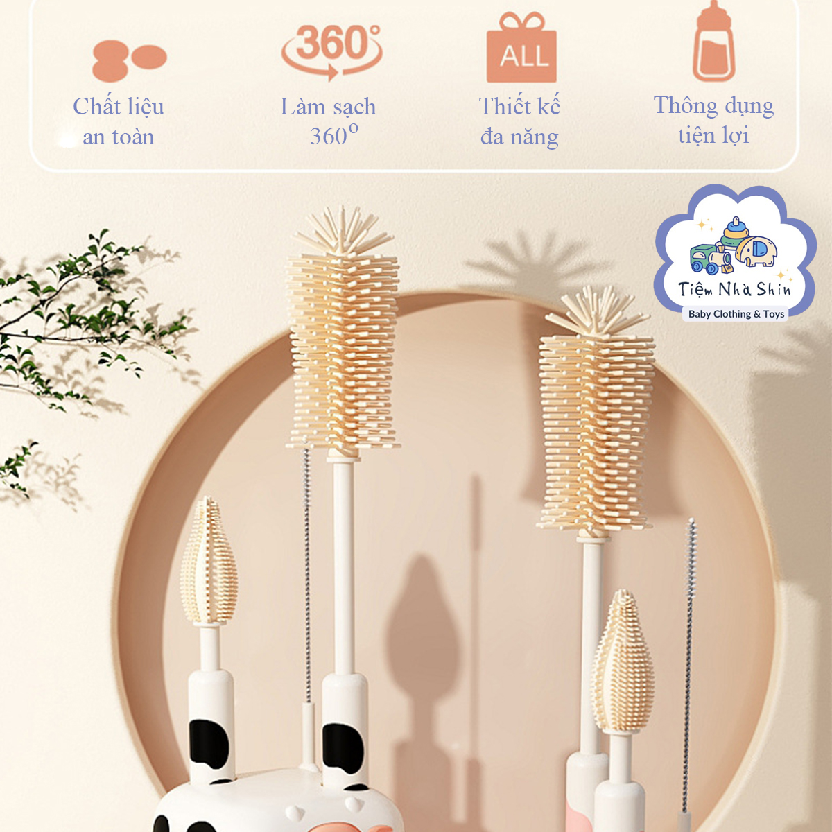 Bộ cọ rửa bình sữa Regoo RG2046 bộ 3 món, đầu cọ silicon, kèm đế thoát nước bằng silicon, thiết kế cầm tay, chuyên dùng để vệ sinh bình sữa, núm ti và ống hút cho bé.