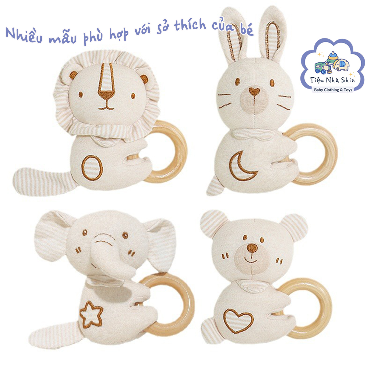 Lục lạc cầm tay Regoo cotton hữu cơ RG2049, vòng gỗ gặm nướu, xúc xắc chuông cho bé 0-3 tuổi