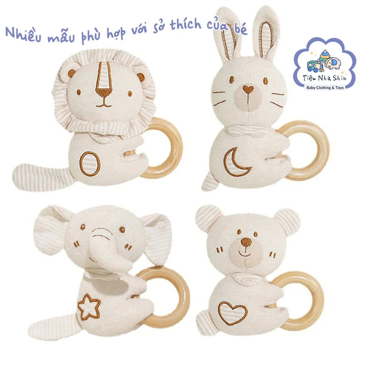 Lục lạc cầm tay Regoo cotton hữu cơ RG2049, vòng gỗ gặm nướu, xúc xắc chuông cho bé 0-3 tuổi