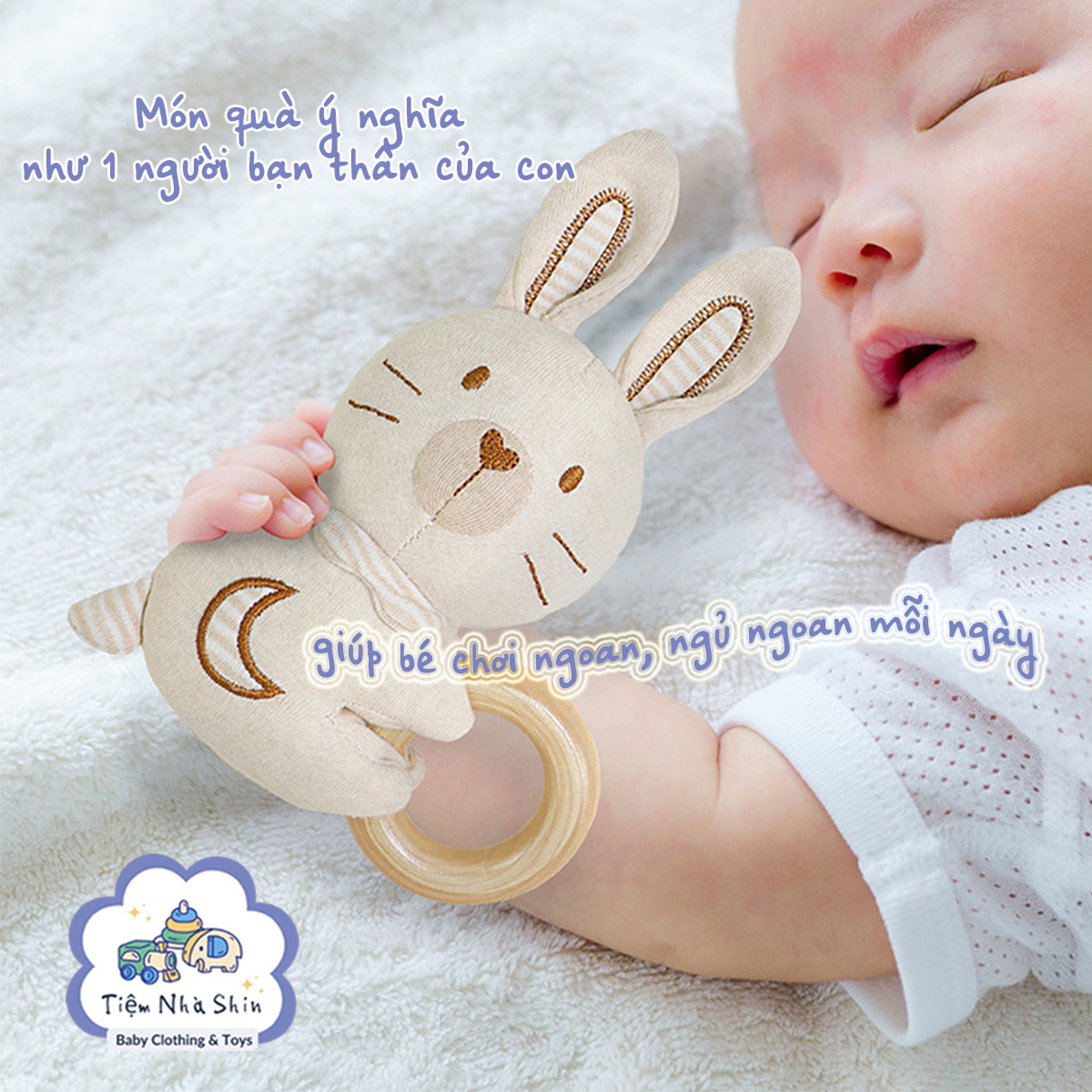 Lục lạc cầm tay Regoo cotton hữu cơ RG2049, vòng gỗ gặm nướu, xúc xắc chuông cho bé 0-3 tuổi