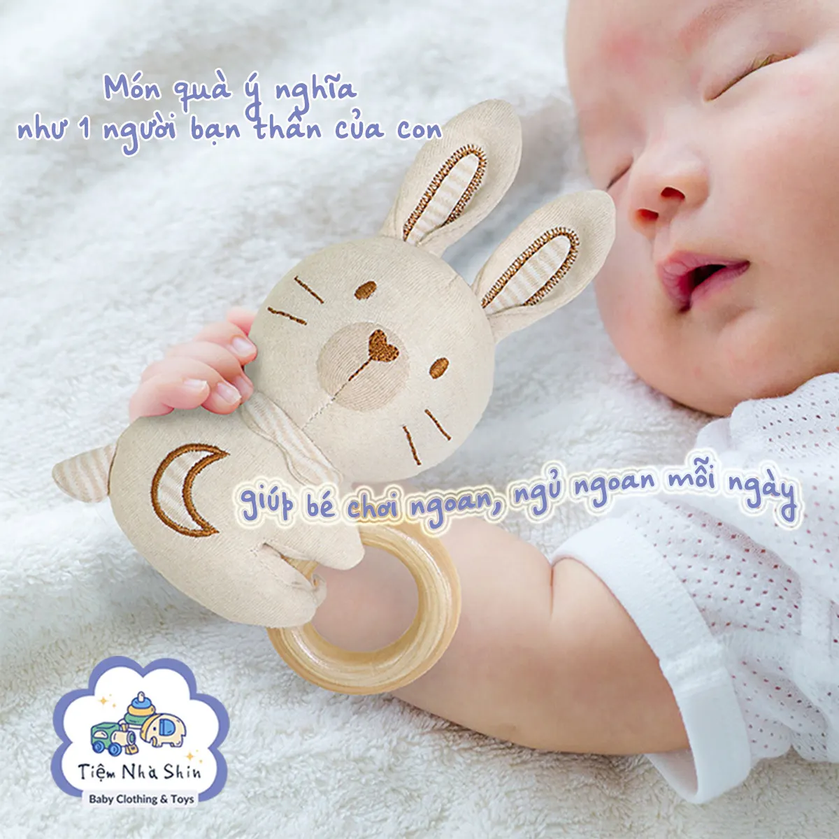 Lục lạc cầm tay Regoo cotton hữu cơ RG2049, vòng gỗ gặm nướu, xúc xắc chuông cho bé 0-3 tuổi