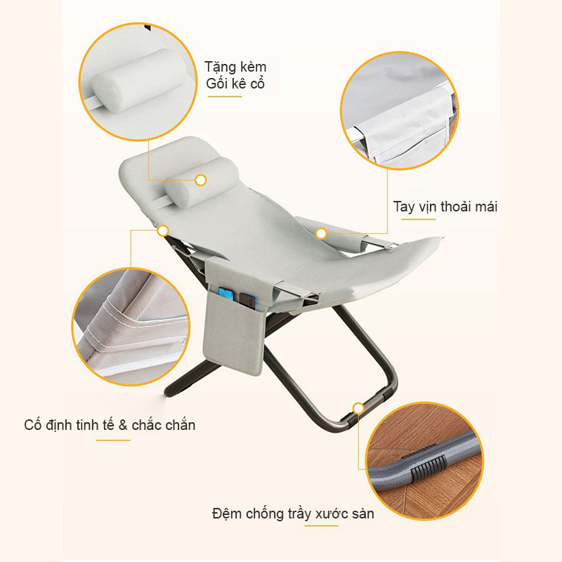 Ghế tựa thư giãn nghỉ trưa gấp gọn Regoo RG1741, khung kim loại, 3 mức điều chỉnh, dùng tại nhà, không kèm đôn