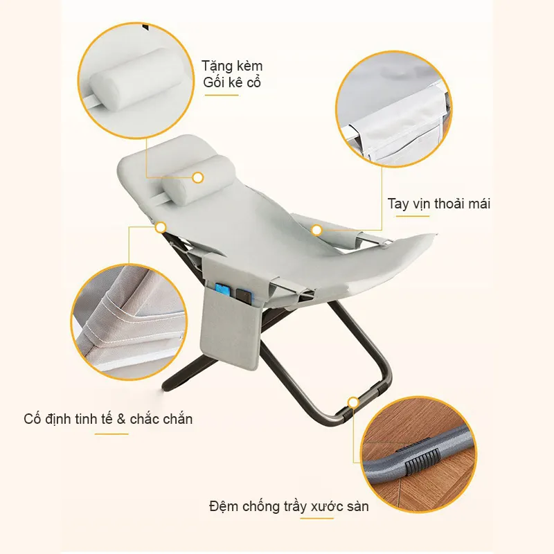 Ghế tựa thư giãn nghỉ trưa gấp gọn Regoo RG1741, khung kim loại, 3 mức điều chỉnh, dùng tại nhà, không kèm đôn
