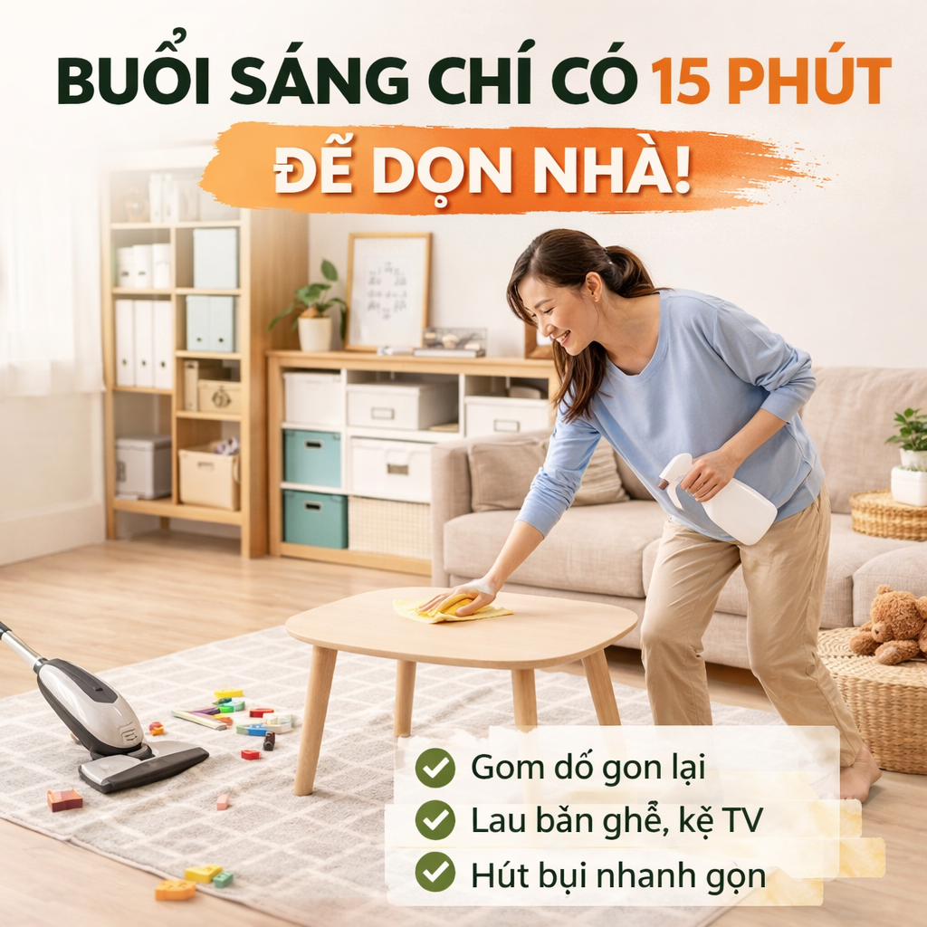 Buổi sáng chỉ có 15 phút để dọn nhà: routine gọn nhanh cho nhà bớt rối
