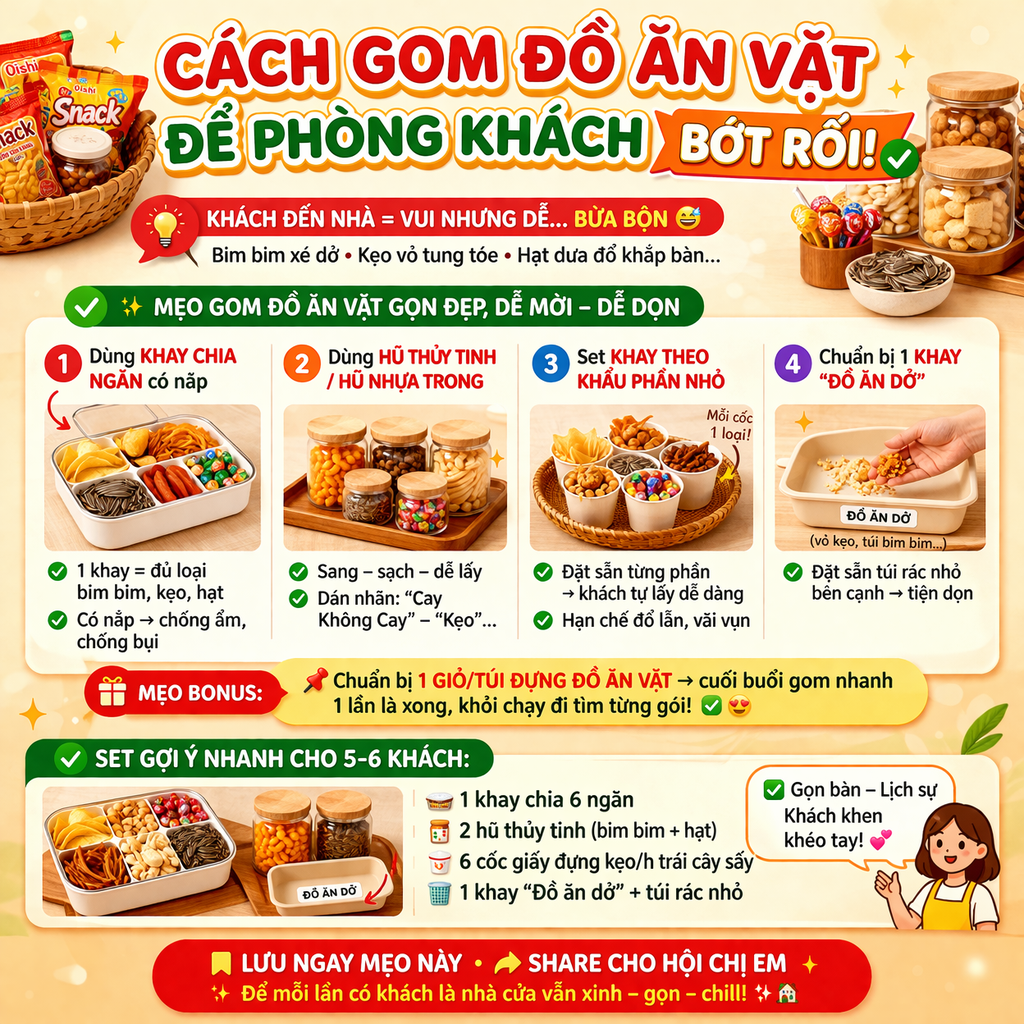 Cách gom đồ ăn vặt để phòng khách bớt rối