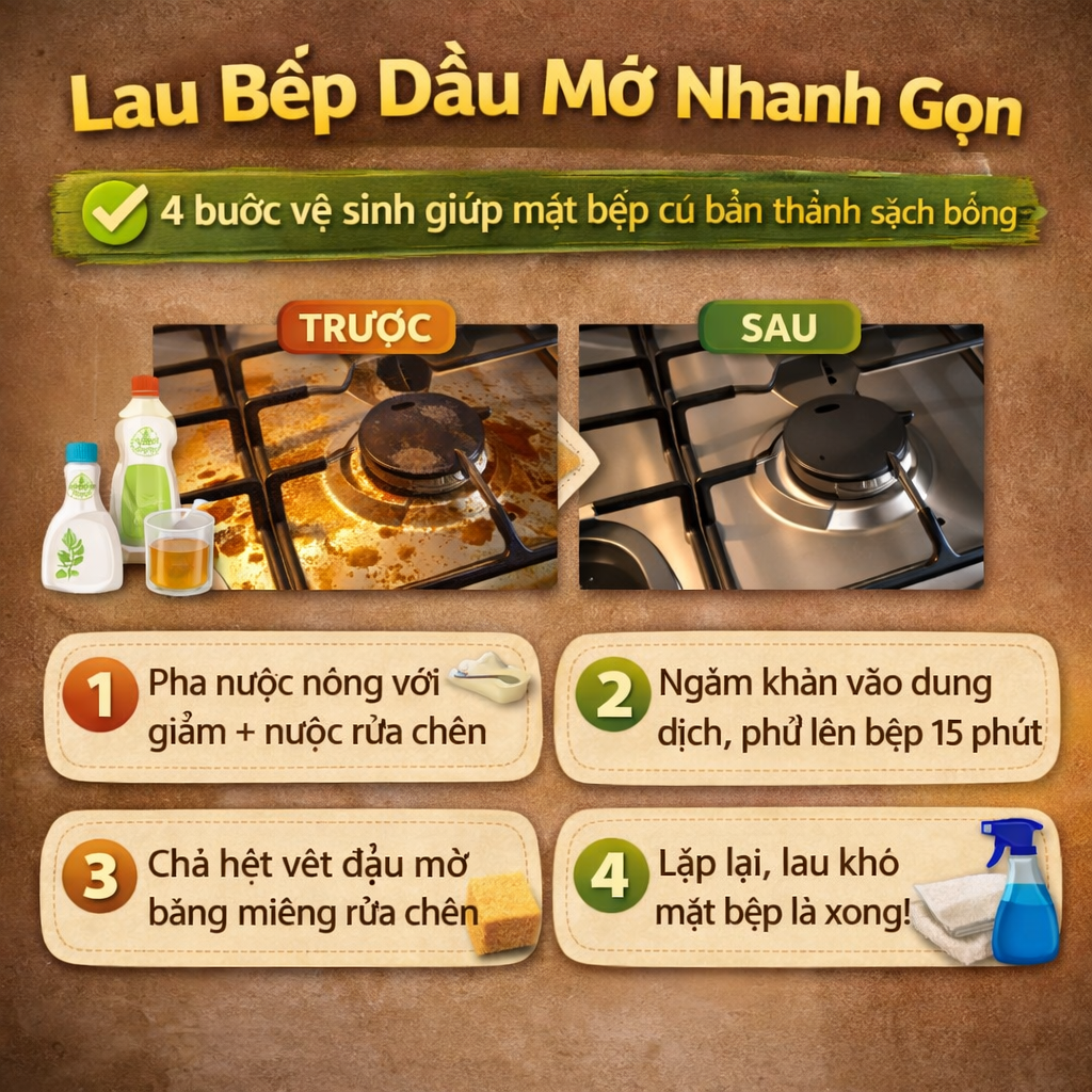 Cách lau bếp dầu mỡ nhanh gọn để mặt bếp sạch hơn mà không mất cả buổi