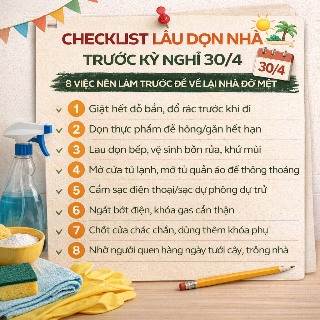 Checklist lau dọn nhà trước kỳ nghỉ 30/4: 8 việc nên làm trước để về lại nhà đỡ mệt