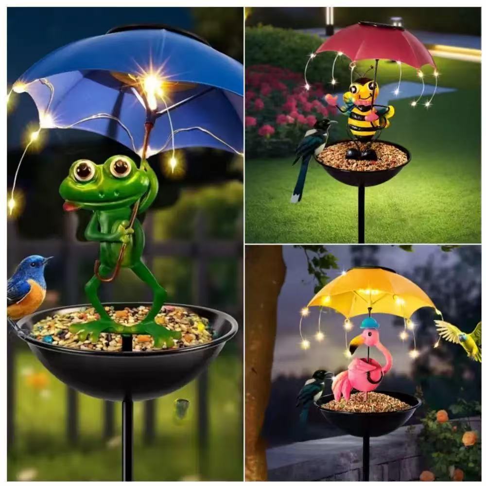 Đèn sân vườn NLMT Regoo RG3137, kiêm khay cho chim ăn, hình thú đội ô, decor ngoài trời