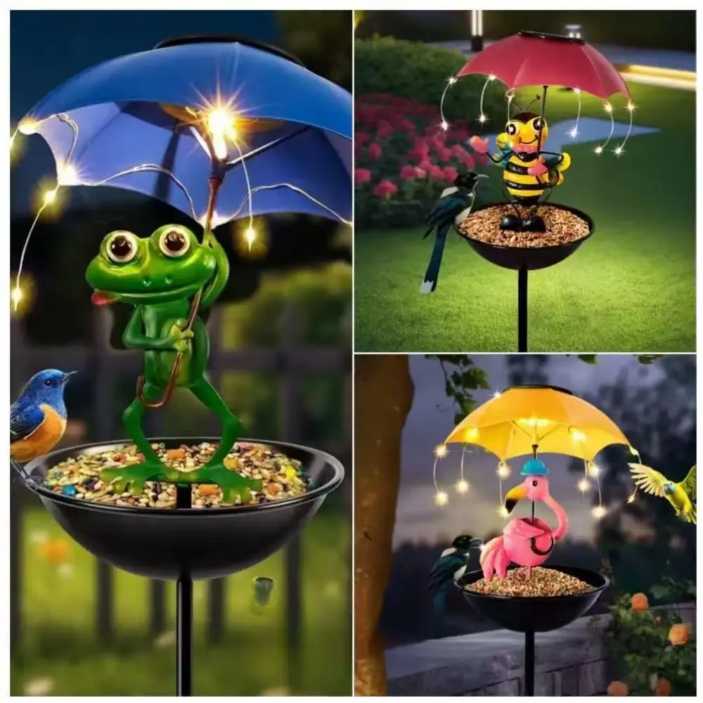 Đèn sân vườn NLMT Regoo RG3137, kiêm khay cho chim ăn, hình thú đội ô, decor ngoài trời
