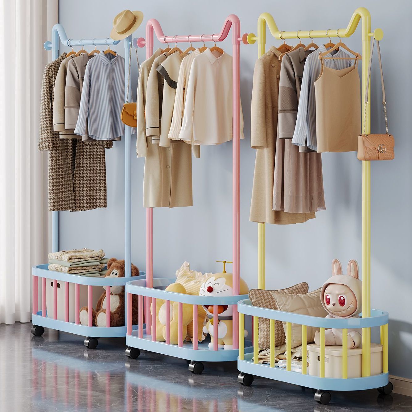 Giá treo quần áo Regoo RG3033 để sàn, có giỏ dưới, bánh xe, size 60/80/100cm
