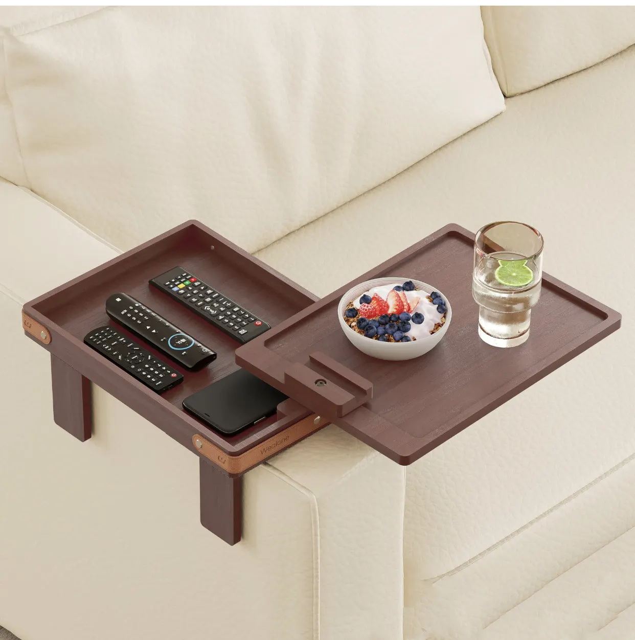 Khay gắn tay vịn sofa RG1742 hai tầng xoay mở, để ly nước, điện thoại, remote và snack