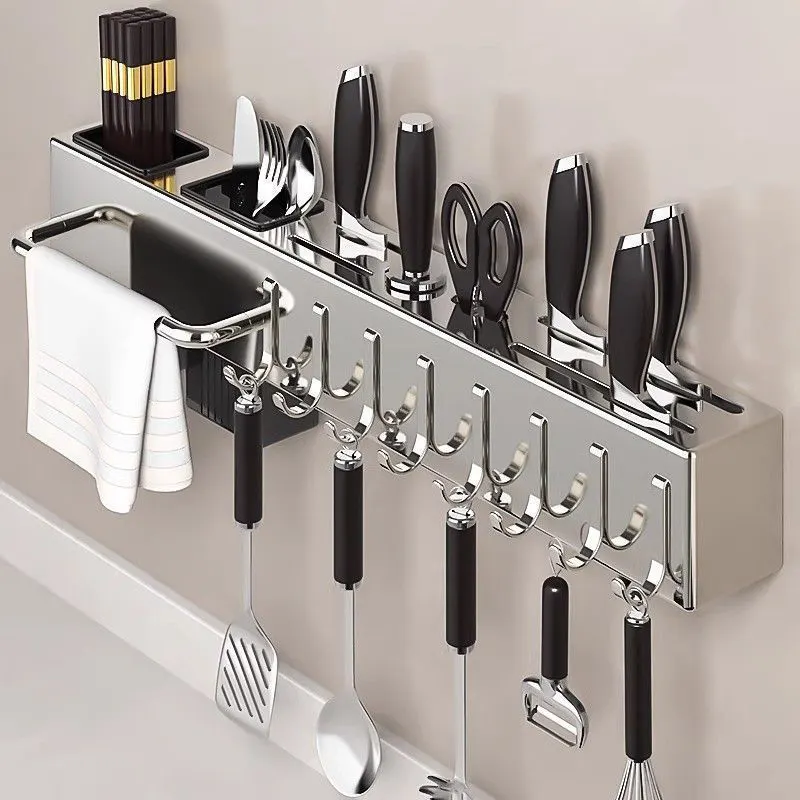 Giá đỡ dao treo tường Regoo RG2033, 60cm, 10 móc, lắp không khoan, tích hợp chỗ để đũa và khăn lau
