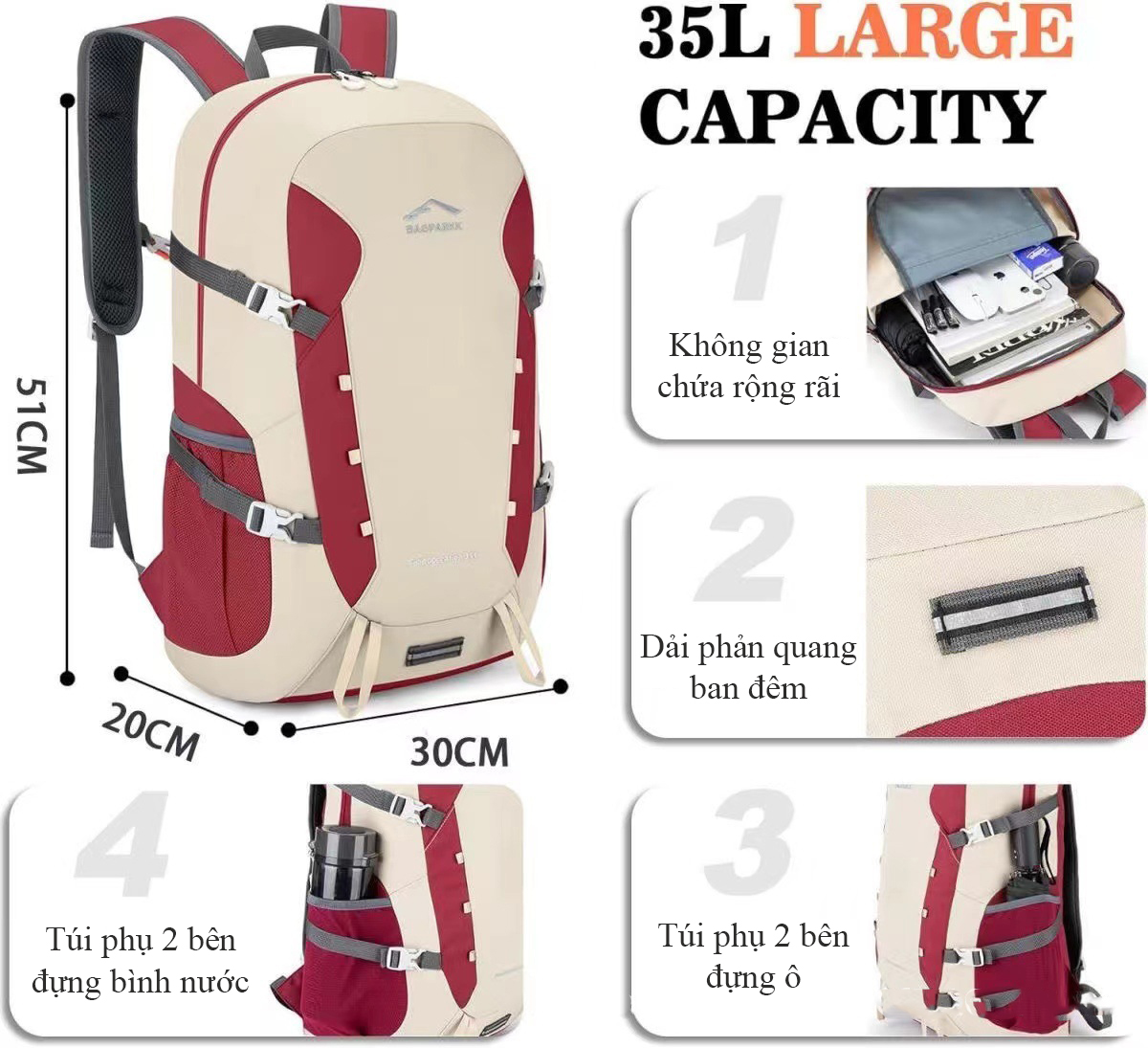 Ba lô du lịch gấp gọn Regoo RG2131, 35L, khoảng 400g, vải kháng nước, dây đeo đệm khí