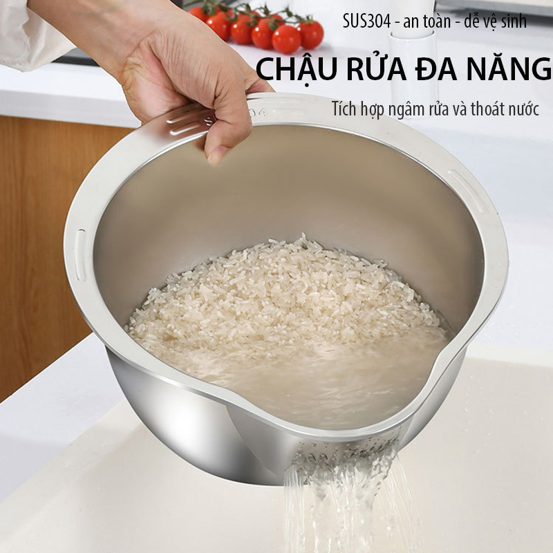 Chậu vo gạo inox 304 Regoo RG1634 đáy nghiêng thoát nước, dùng vo gạo rửa rau và chắt nước gọn hơn