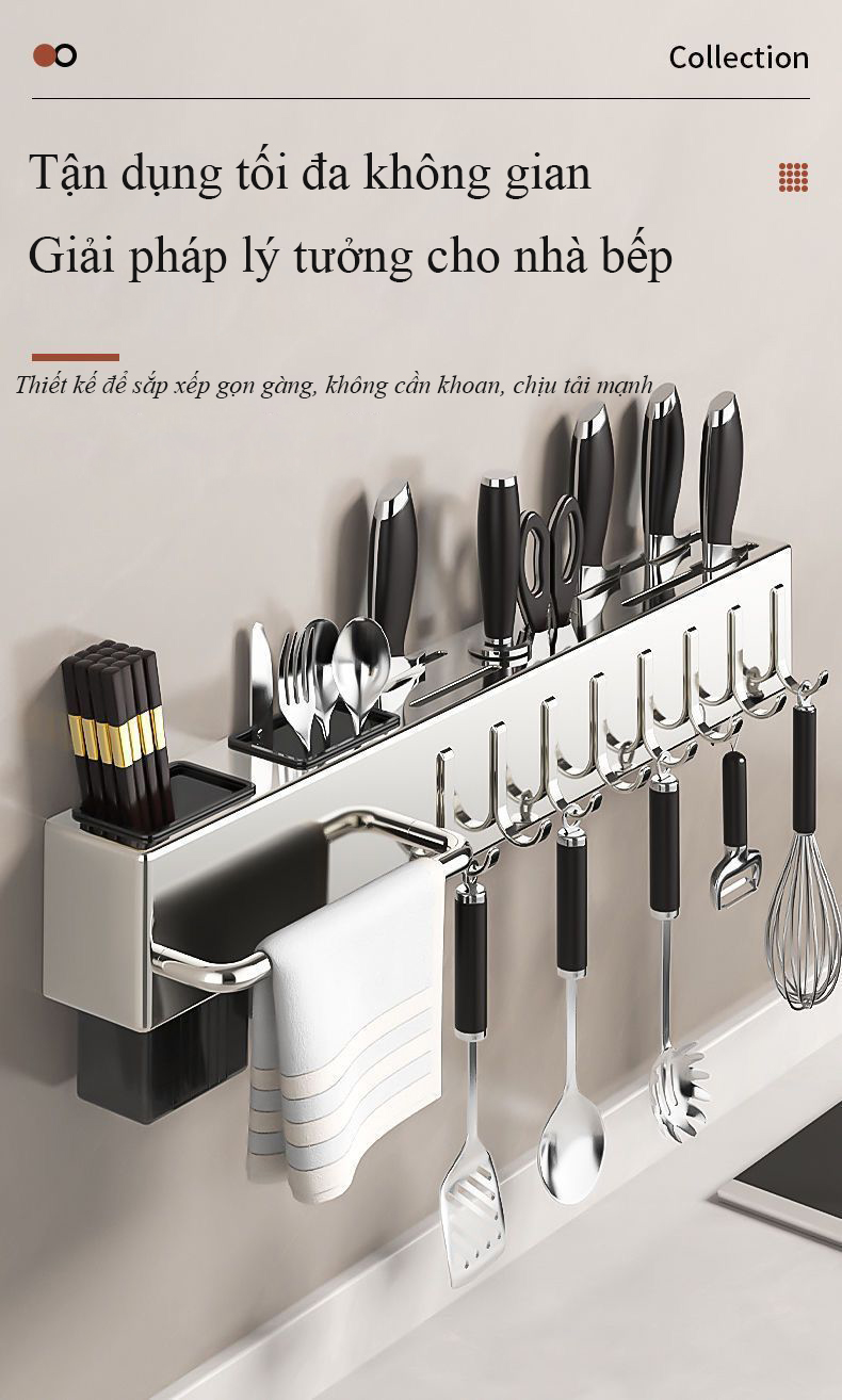 Giá đỡ dao treo tường Regoo RG2033, 60cm, 10 móc, lắp không khoan, tích hợp chỗ để đũa và khăn lau