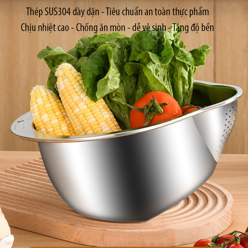 Chậu vo gạo inox 304 Regoo RG1634 đáy nghiêng thoát nước, dùng vo gạo rửa rau và chắt nước gọn hơn