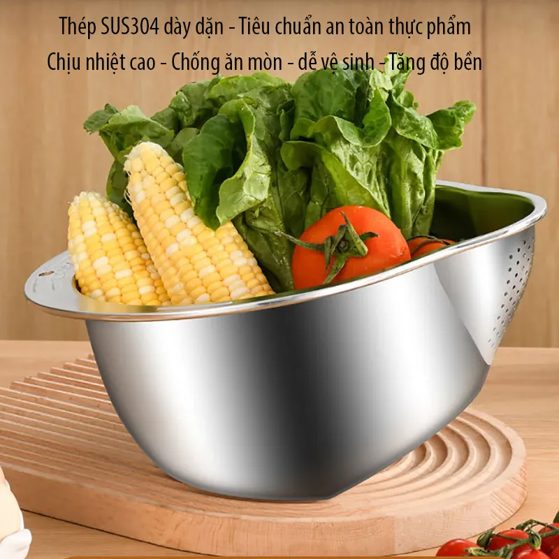 Chậu vo gạo inox 304 Regoo RG1634 đáy nghiêng thoát nước, dùng vo gạo rửa rau và chắt nước gọn hơn