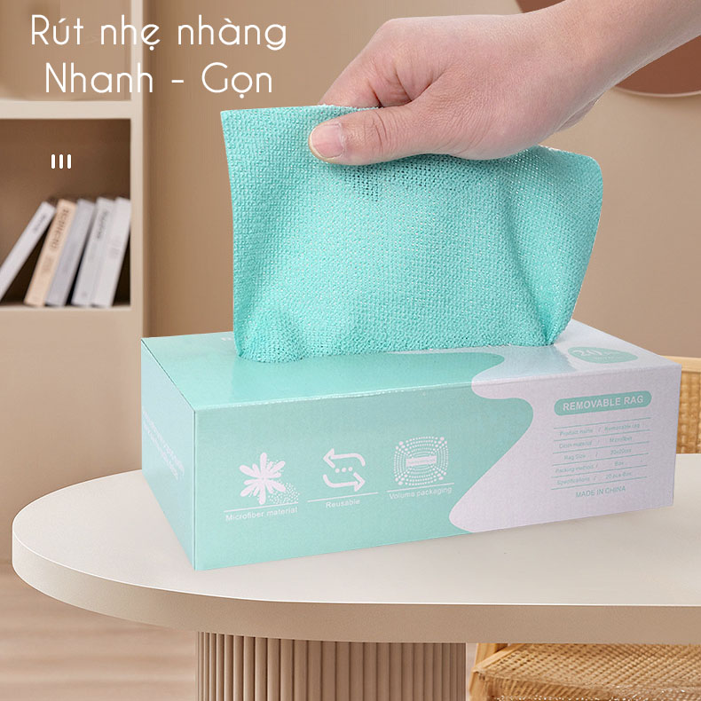 Khăn vải hộp rút Regoo Living hộp 20 khăn microfiber 20x20cm 250 gsm, thấm hút tốt, giặt dùng lại nhiều lần