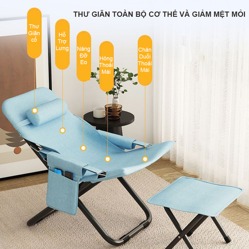 Ghế tựa thư giãn nghỉ trưa gấp gọn Regoo RG1741, khung kim loại, 3 mức điều chỉnh, dùng tại nhà, không kèm đôn