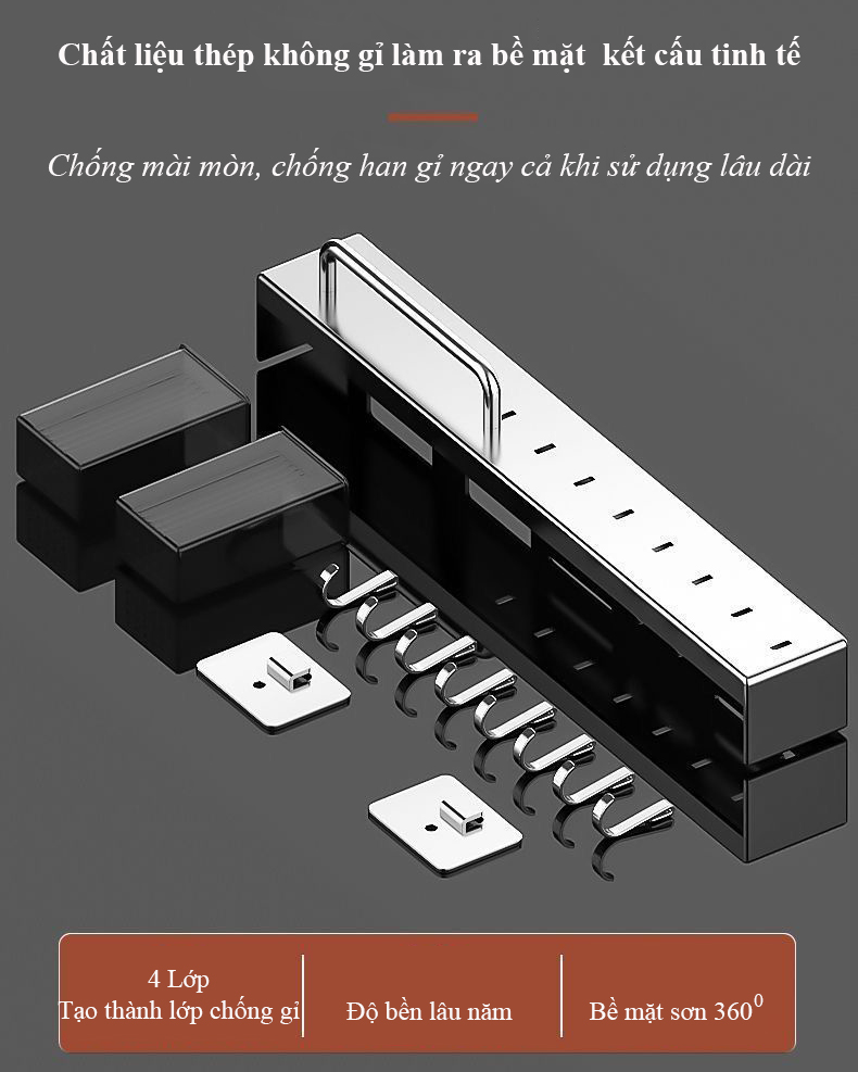 Giá đỡ dao treo tường Regoo RG2033, 60cm, 10 móc, lắp không khoan, tích hợp chỗ để đũa và khăn lau