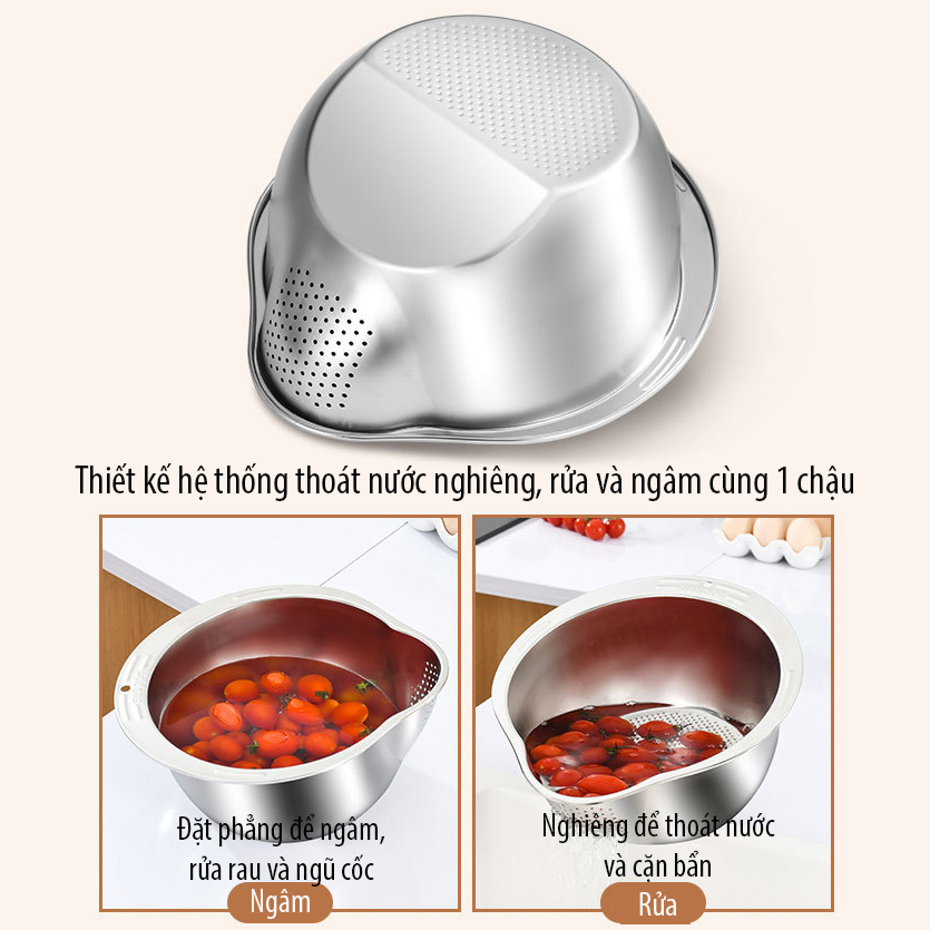 Chậu vo gạo inox 304 Regoo RG1634 đáy nghiêng thoát nước, dùng vo gạo rửa rau và chắt nước gọn hơn