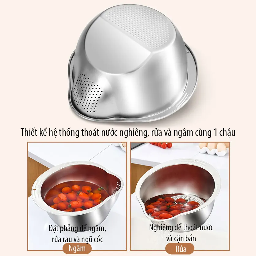 Chậu vo gạo inox 304 Regoo RG1634 đáy nghiêng thoát nước, dùng vo gạo rửa rau và chắt nước gọn hơn