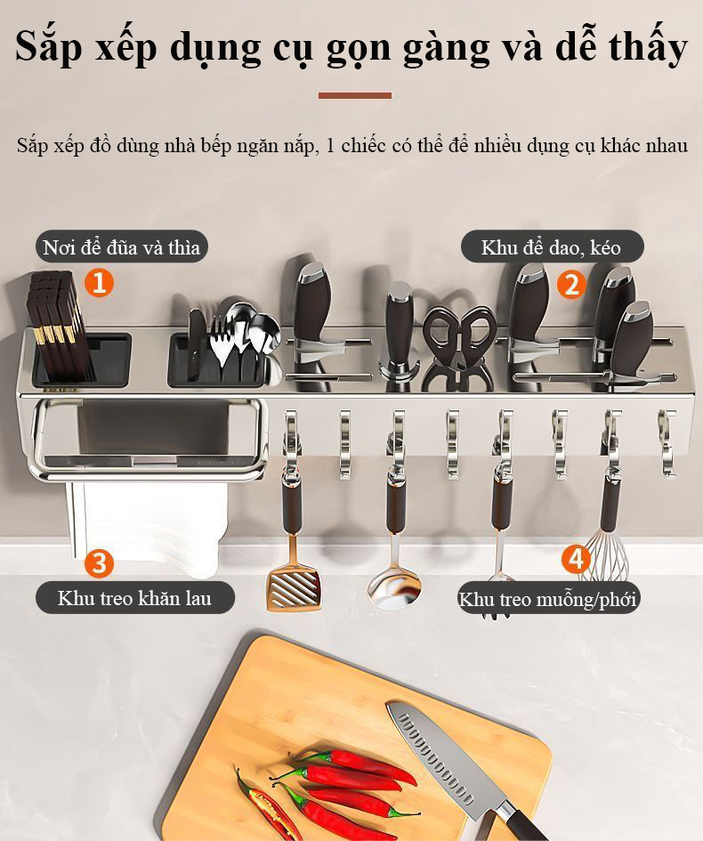 Giá đỡ dao treo tường Regoo RG2033, 60cm, 10 móc, lắp không khoan, tích hợp chỗ để đũa và khăn lau