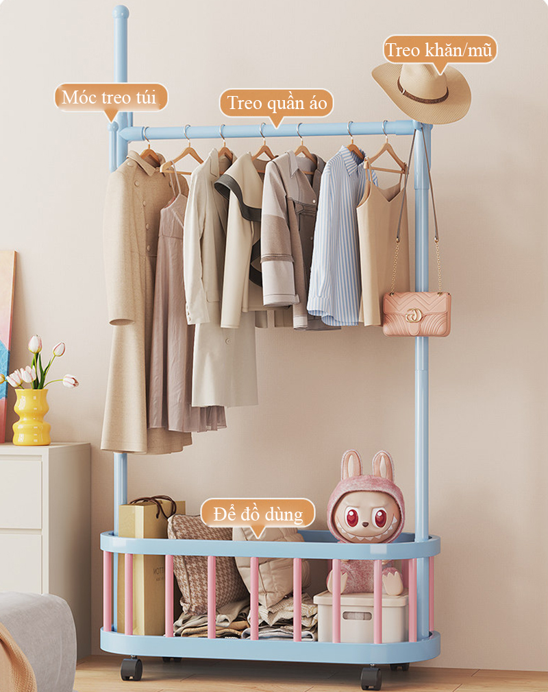 Giá treo quần áo xương rồng Regoo RG3134, để sàn 2 tầng, có bánh xe, size 60/80/100 cm
