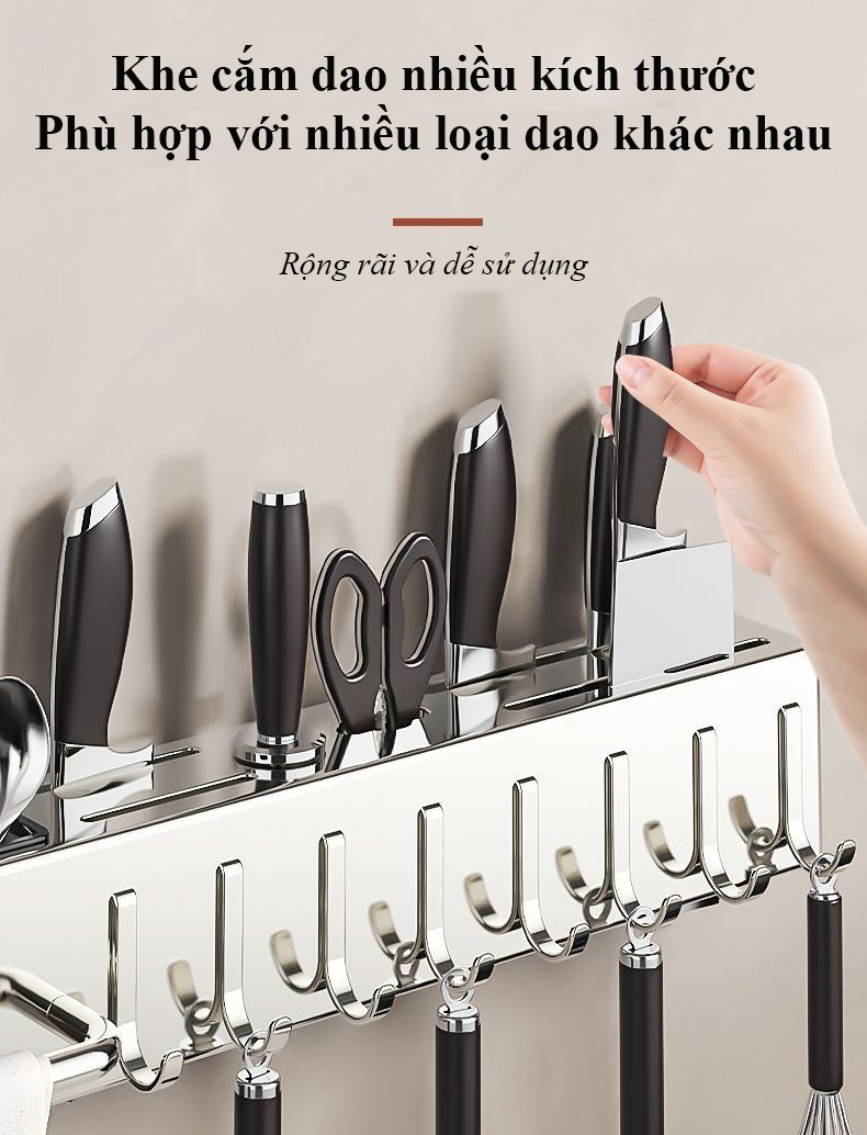 Giá đỡ dao treo tường Regoo RG2033, 60cm, 10 móc, lắp không khoan, tích hợp chỗ để đũa và khăn lau