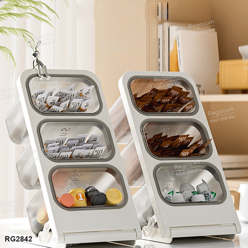 Hộp đựng trà / cà phê để bàn nhiều ngăn RG2843, giúp phân loại gọn gàng, phù hợp dùng trong phòng trà, quầy cà phê hoặc góc bếp.