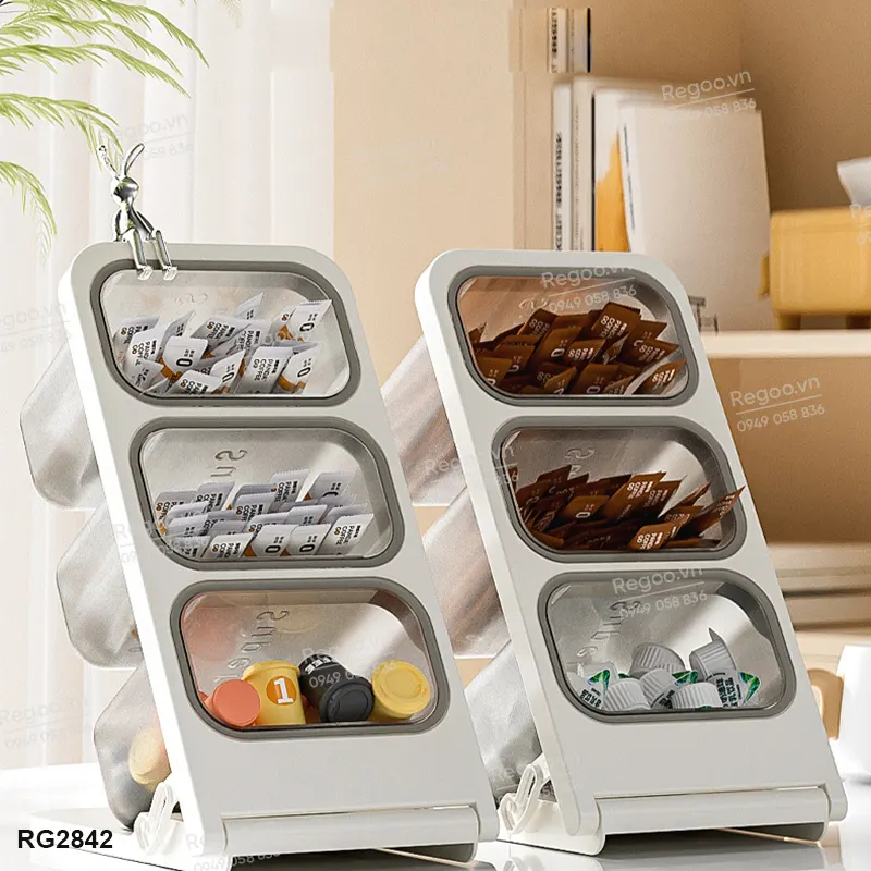 Hộp đựng trà / cà phê để bàn nhiều ngăn RG2843, giúp phân loại gọn gàng, phù hợp dùng trong phòng trà, quầy cà phê hoặc góc bếp.